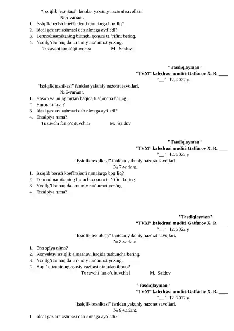 Issiqlik texnikasi yakuniy nazorat savollari 2
