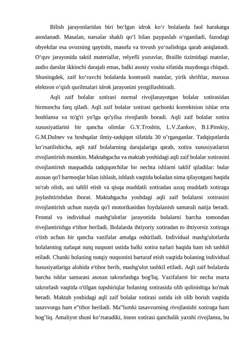Ko'R VA ZAIF KO'RUVCHI BOLALARDA BILISH JARAYONLARI IDROK XOTIRA TAFAKKUR 2