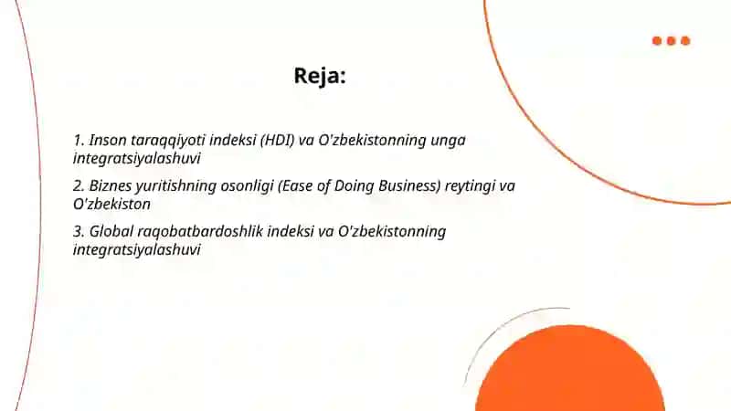 Ijtimoiy iqtisodiy sohaga oid ustuvor xalqaro reytinglar va ularga O'zbekistonning integratsiyalashuvi 2