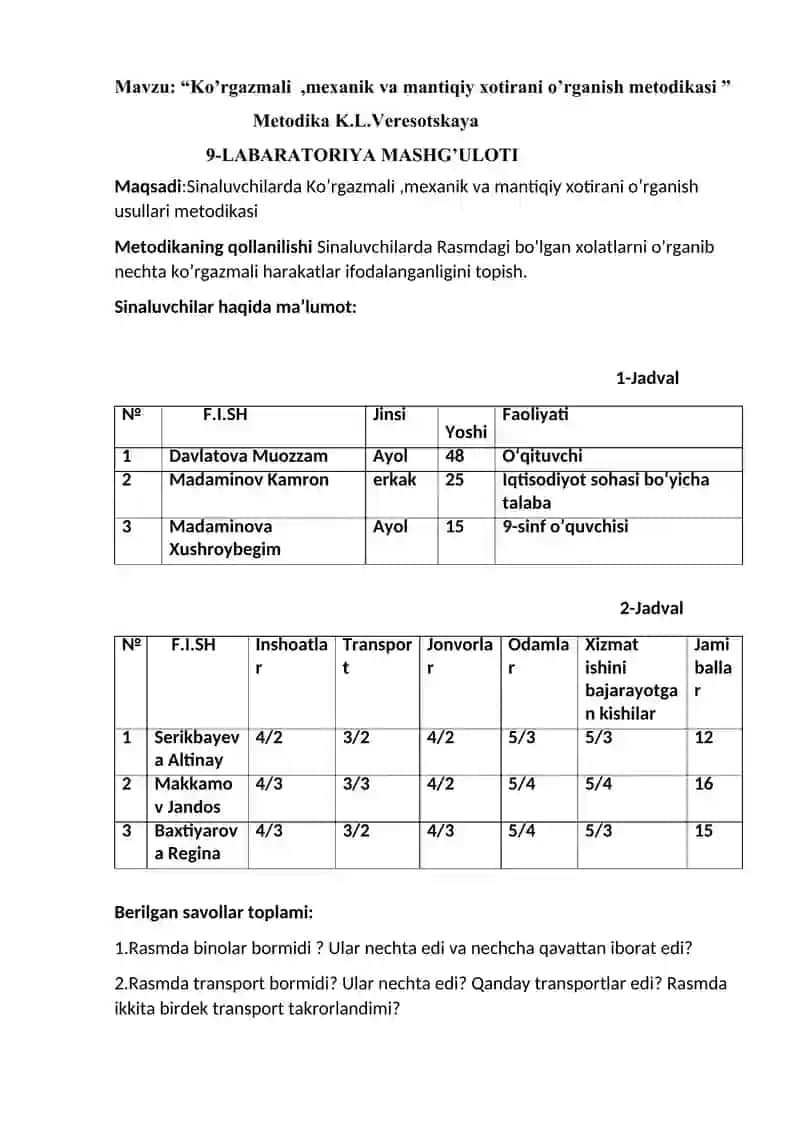 Ko’rgazmali  ,mexanik va mantiqiy xotirani o’rganish metodikasi 2