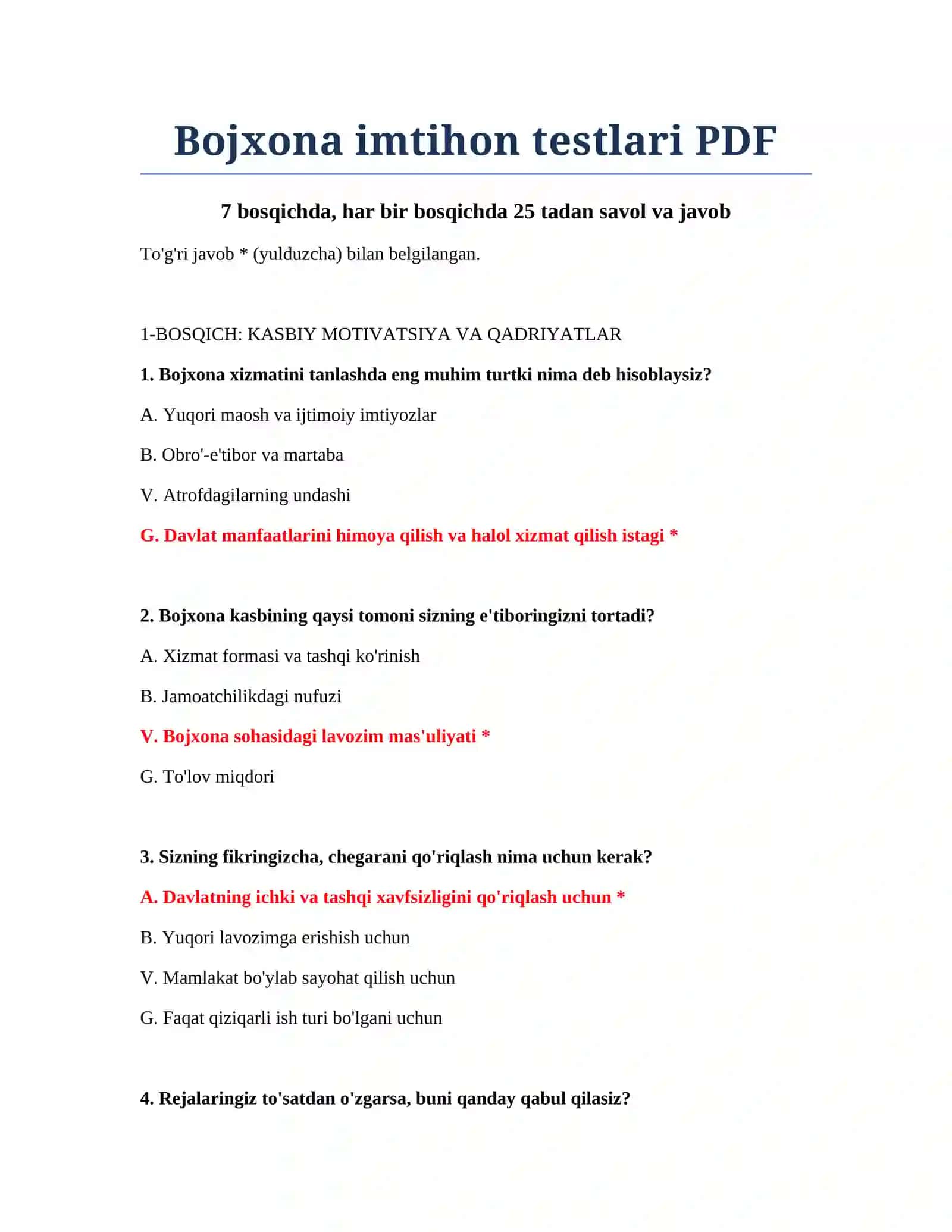 Bojxona imtihon testlari PDF 2