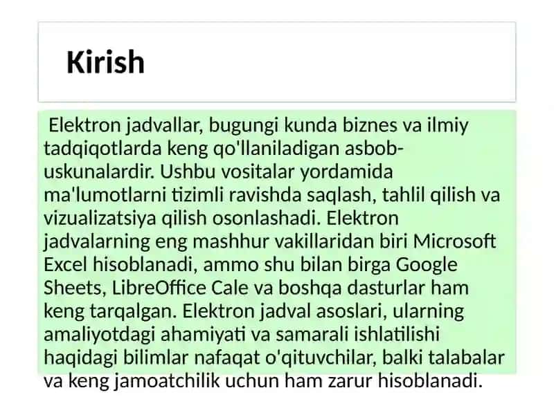 elektron jadvallar boʻlimini oʻqitish metodikasi 2
