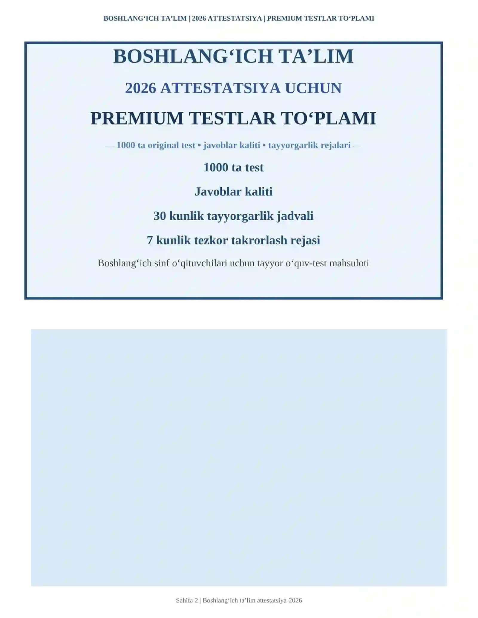 Maktabgacha ta’lim tarbiyachilari uchun 2026 attestatsiyaga tayyor premium testlar to‘plami: 1000 ta test, javoblar kaliti va 30 kunlik tayyorgarlik jadvali bilan 2
