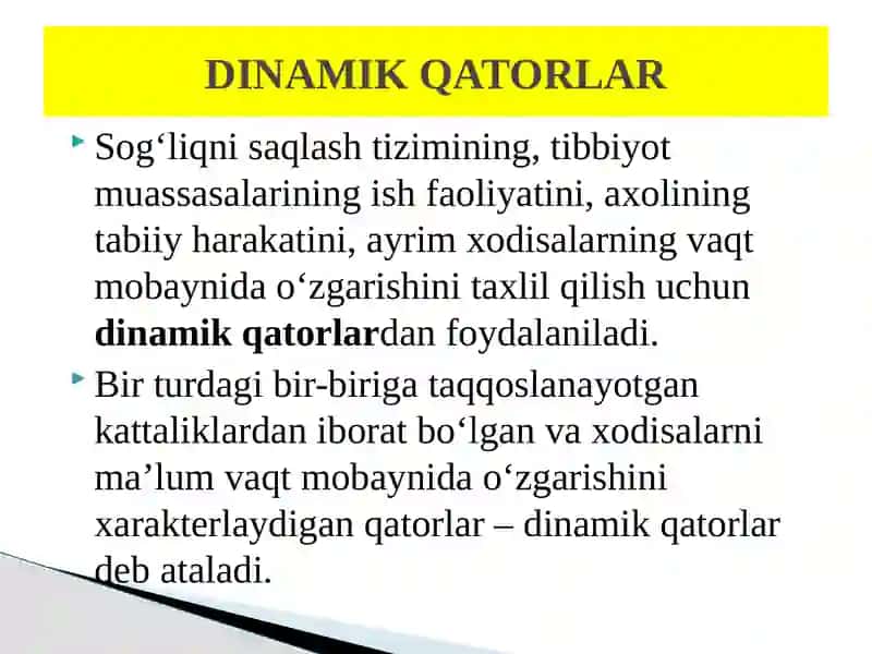 Dinamik qatorlar, turlari, ko‘rsatkichlari, statistik tahlil etishda qo‘llanilishi. Grafik tasvirlar, ularning qo‘llanilishi 2