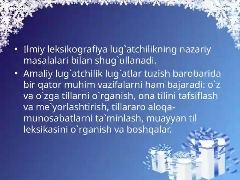 Leksikografiya haqida

ma`lumot.

Lug'at va uning turlari.

Lug'at tuzish qonun-qoidalari. 2