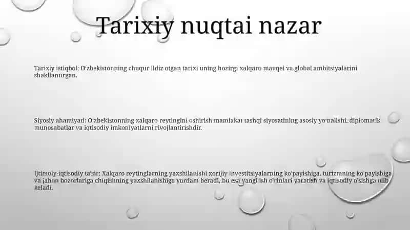 O’Zbekistonni Xalqaro Reytinglardagi Ko’Rsatkichlarini Ko’Tarishning Tarixiy Va Siyosiy Ahamiyati 2