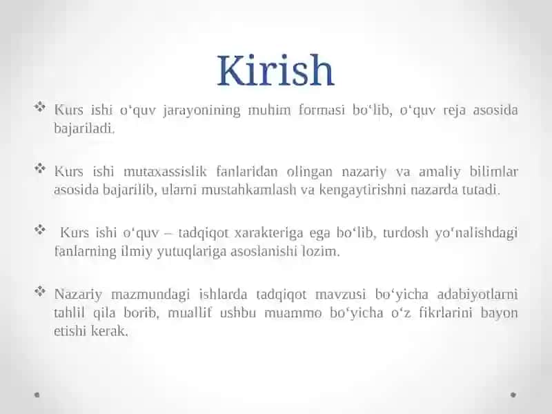 KURS ISHLARINI TAYYORLASH VA HIMOYA QILISH BO’YICHA METODIK TAVSIYALAR 2
