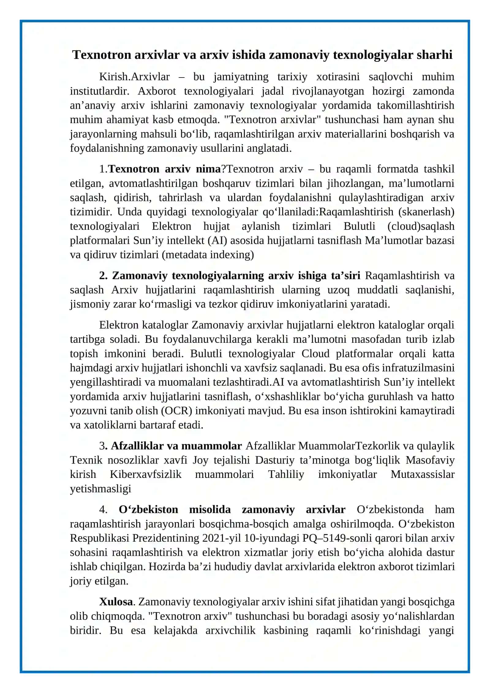 "Texnotron Arxivlar va Arxiv Ishida Zamonaviy Texnologiyalar" Mavzusi 2