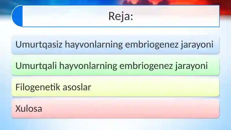 Umurtqali va umurtqasiz hayvonlar rivojlanishi misolida embriogenez xilma-xilligining filogenetik asoslari 2
