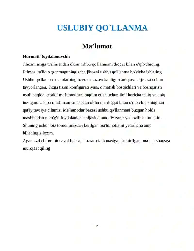 Ma’lumot YG461E rusumli matolarning havo o'tkazuvchanligini aniqlovchi jihozi uchun 2