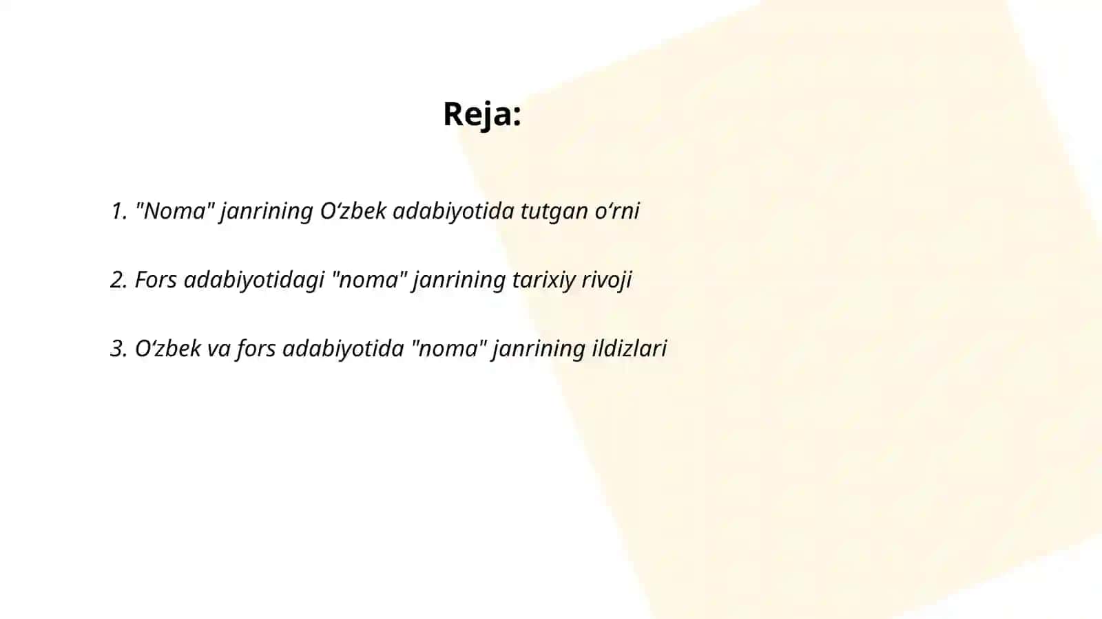Oʻzbek adabiyoti va fors adabiyotida yaratilgan " noma" janriga tegishli asarlarni qiyoslash 2