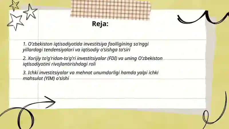 O'zbekiston iqtisodiyotida investitsiya faolligi va uning o' sishiga ta'siri 2
