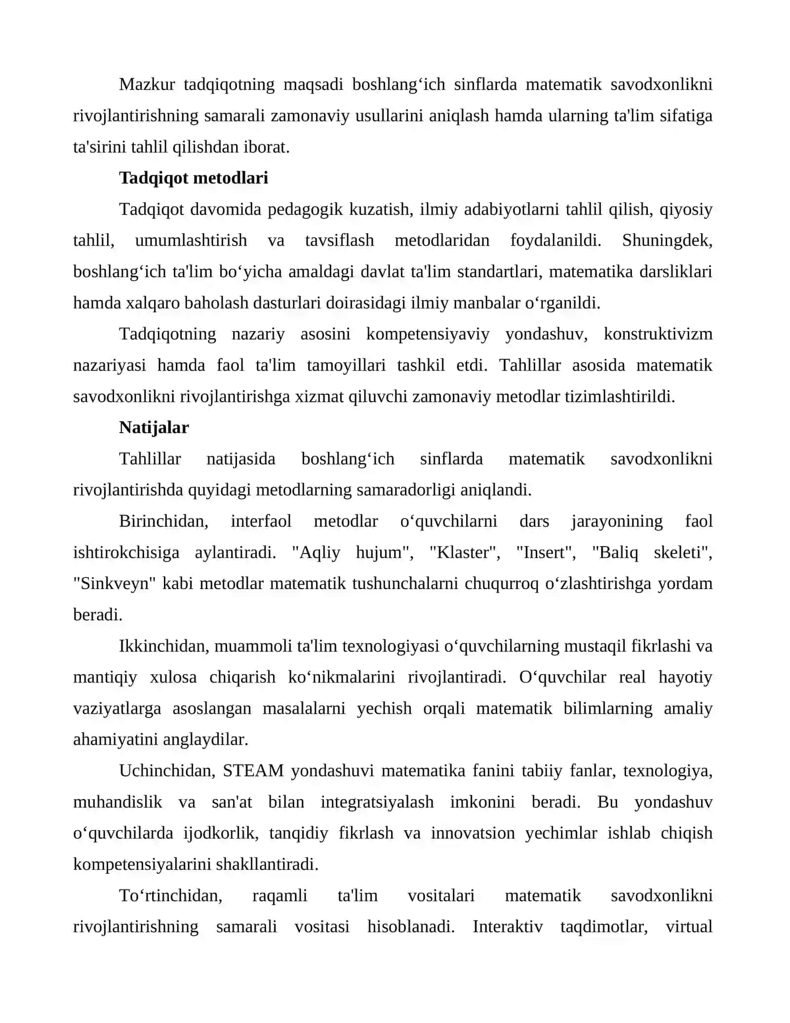 Boshlang‘ich sinflarda matematik savodxonlikni rivojlantirishning zamonaviy usullari 2