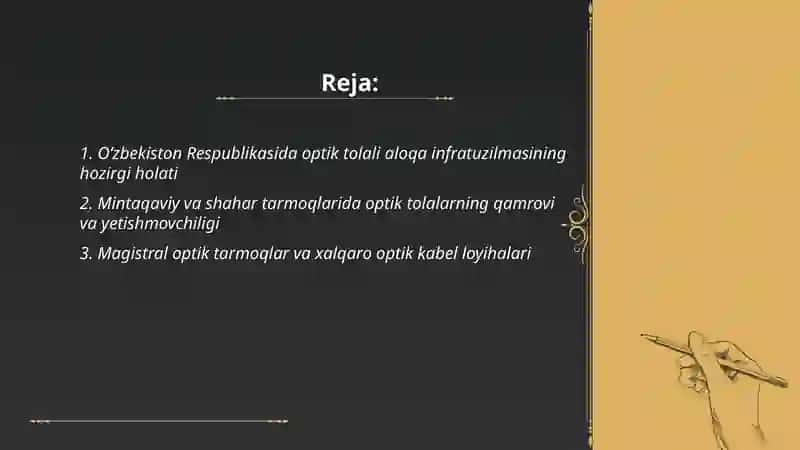 Òzbekiston Respublikasida optik aloqa tizimlari va tarmoqlarining xolati va rivojlanish istiqbollari 2