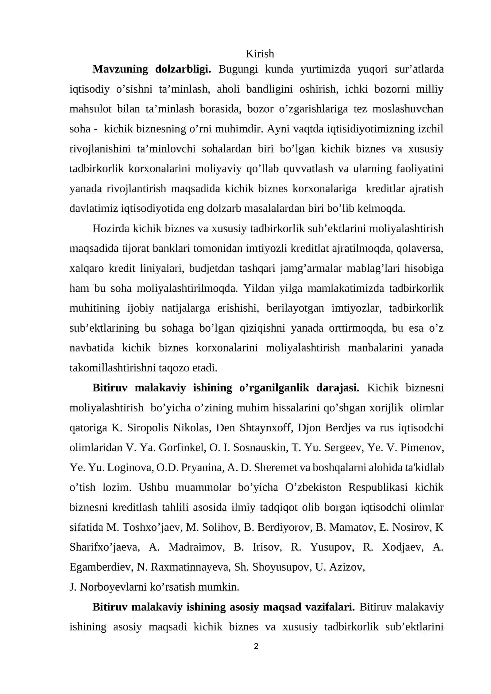 Iqtisodiyotni modernizatsiyalash sharoitida kichik biznes korxonalarini moliyalashtirish manbalarini takomillashtirish 2