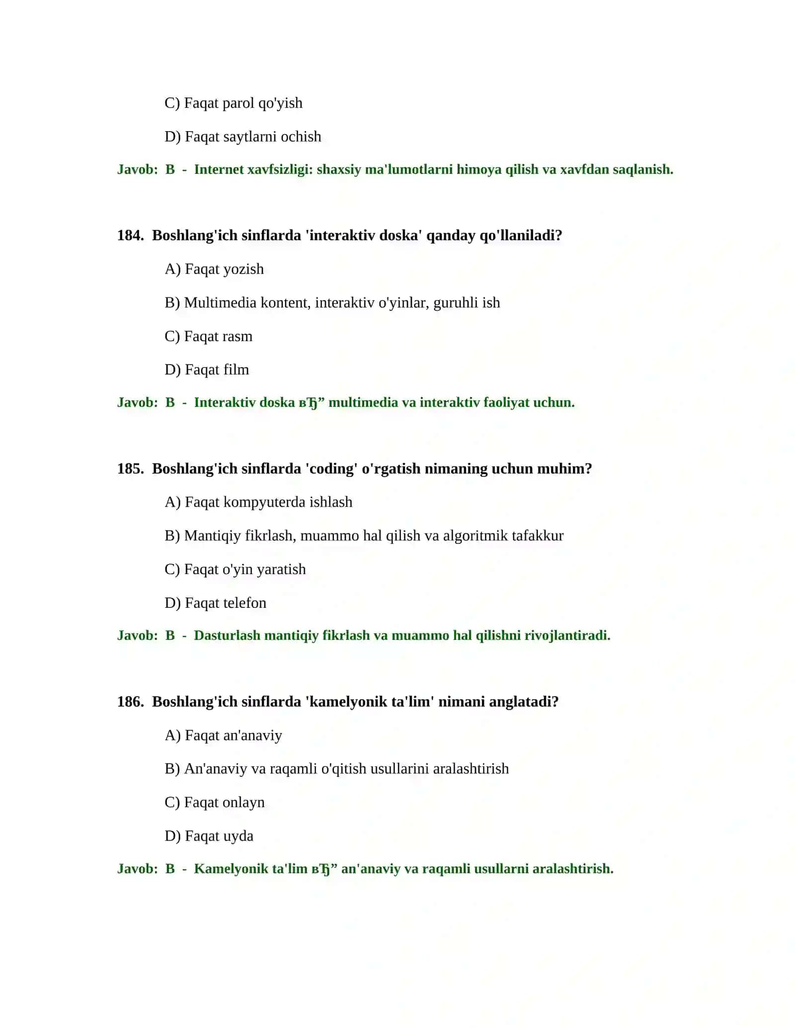 Boslang'ich ta'lim o'qituvchisi test sinovlari 2