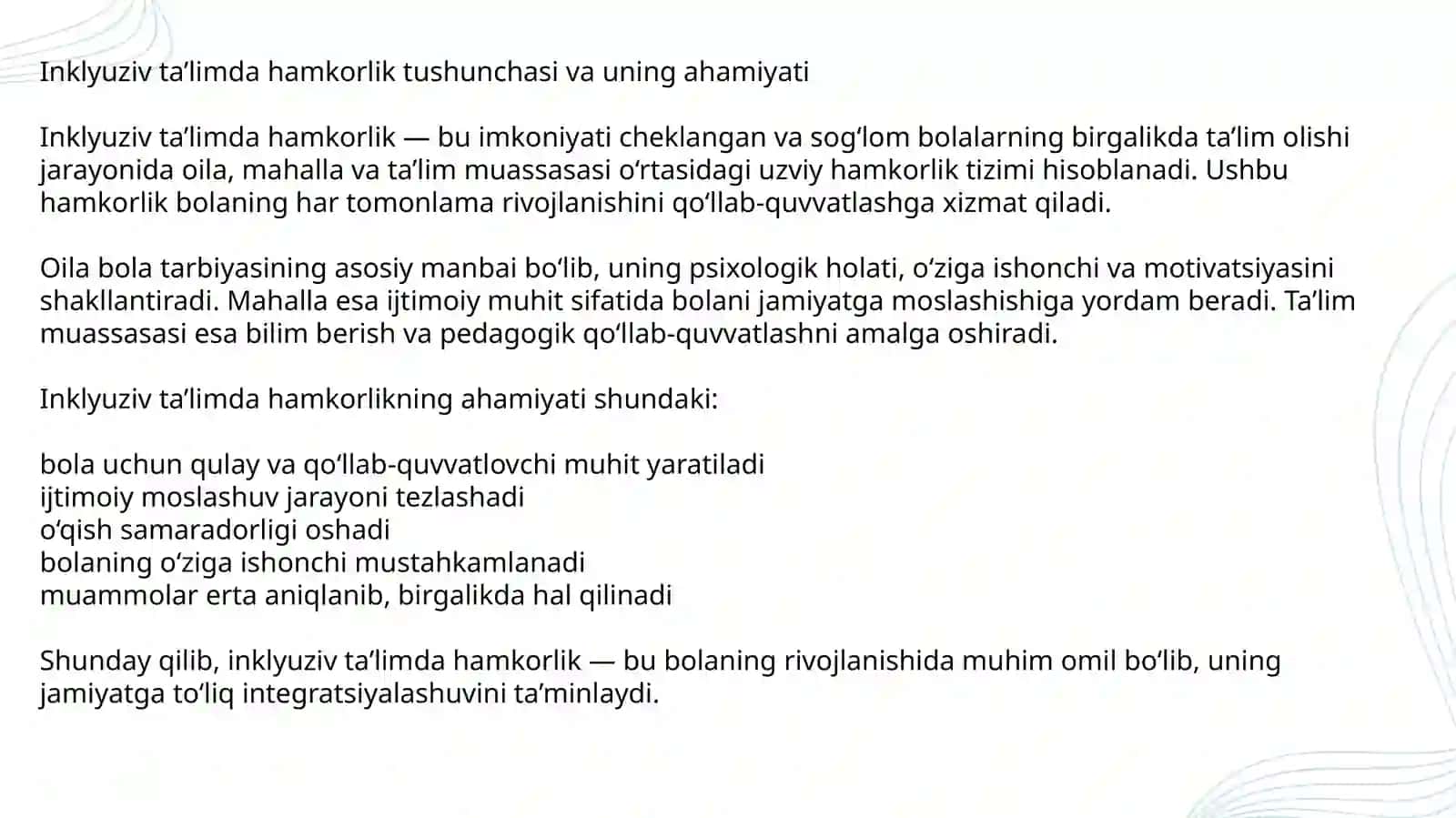 Inklyuziy ta'limda hamkorlikning roli(oila, mahalla,muassa) 2