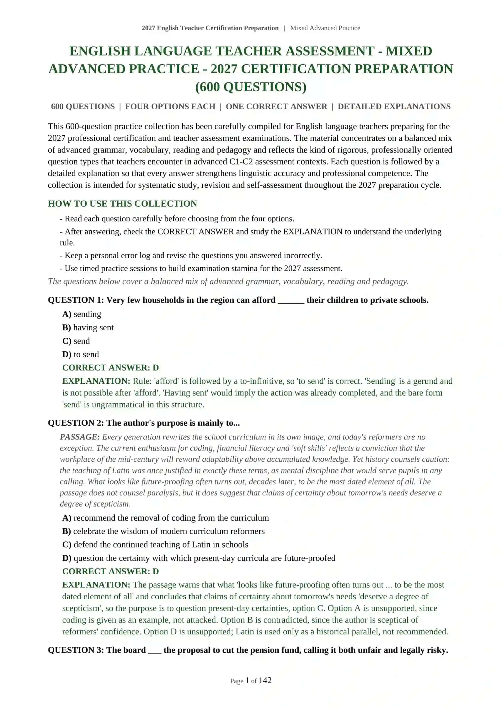 2027 English Teacher Certification Preparation | Mixed Advanced Practice 2