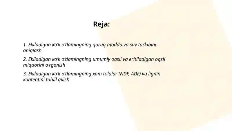Ekiladigan koʻk oʻtlaming kimyoviy tarkibi va toʻyimliligini oʻrganish 2