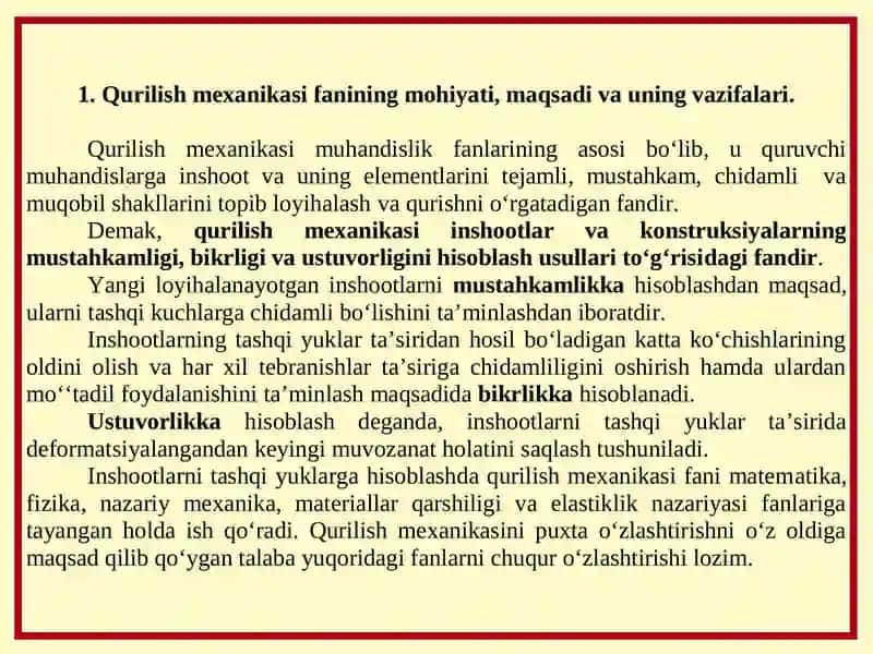 Qurilish mexanikasi fanining masalalari va uning boshqa umum injenerlik fanlari bilan bog'liqligi 2