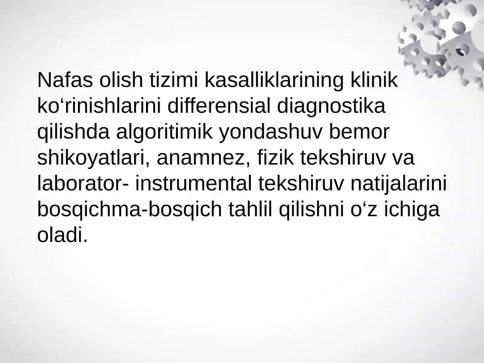 Nafas olish tizimi kasalliklarining klinik ko’rinishlarini algoritmik yondashuv asosida differensial diagnostikasi: hansirash, yo’tal, ko’krak qafasida og’riq, qon tuflash, sianoz 2