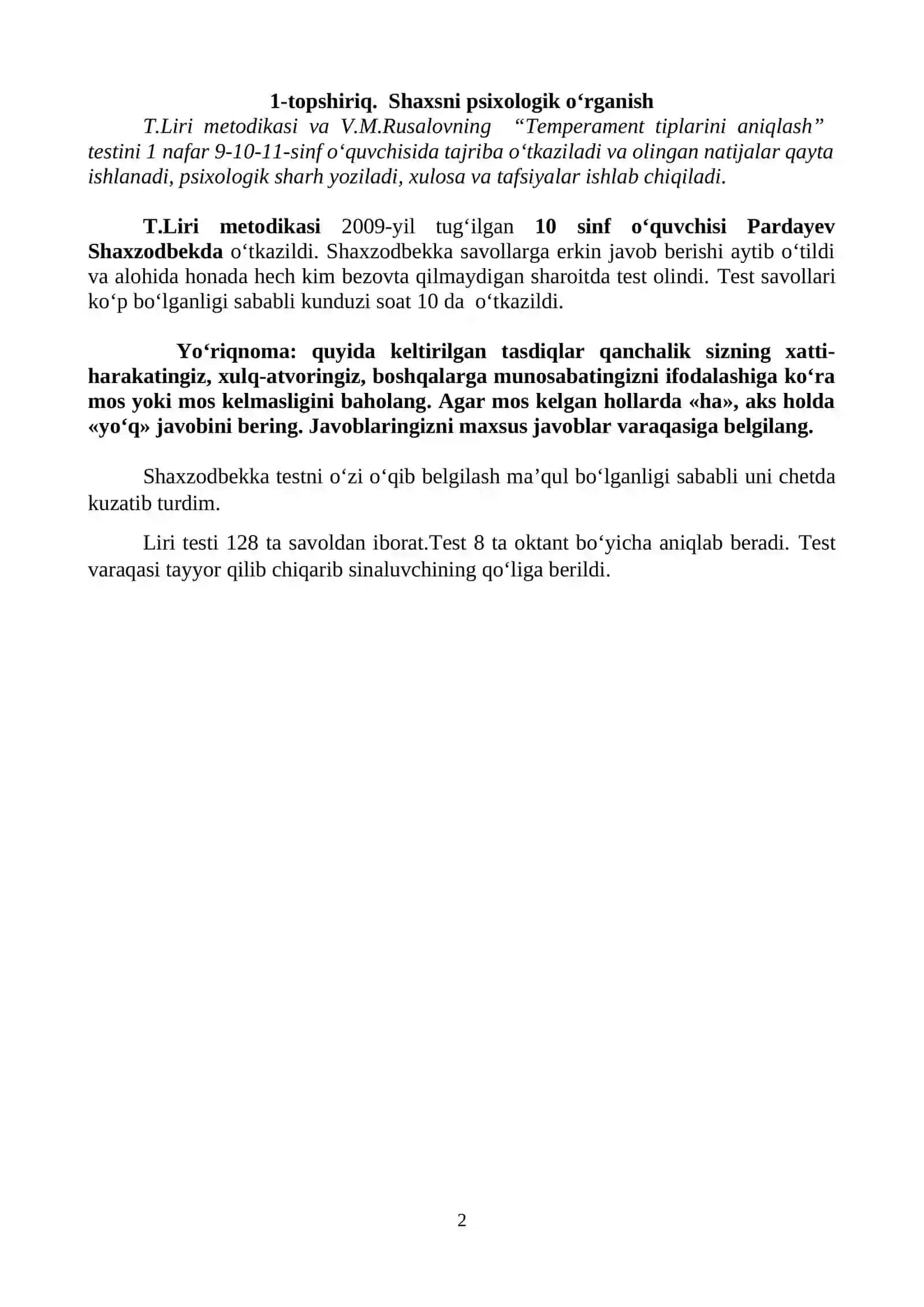 Temprament tiplarini aniqlash testi 2
