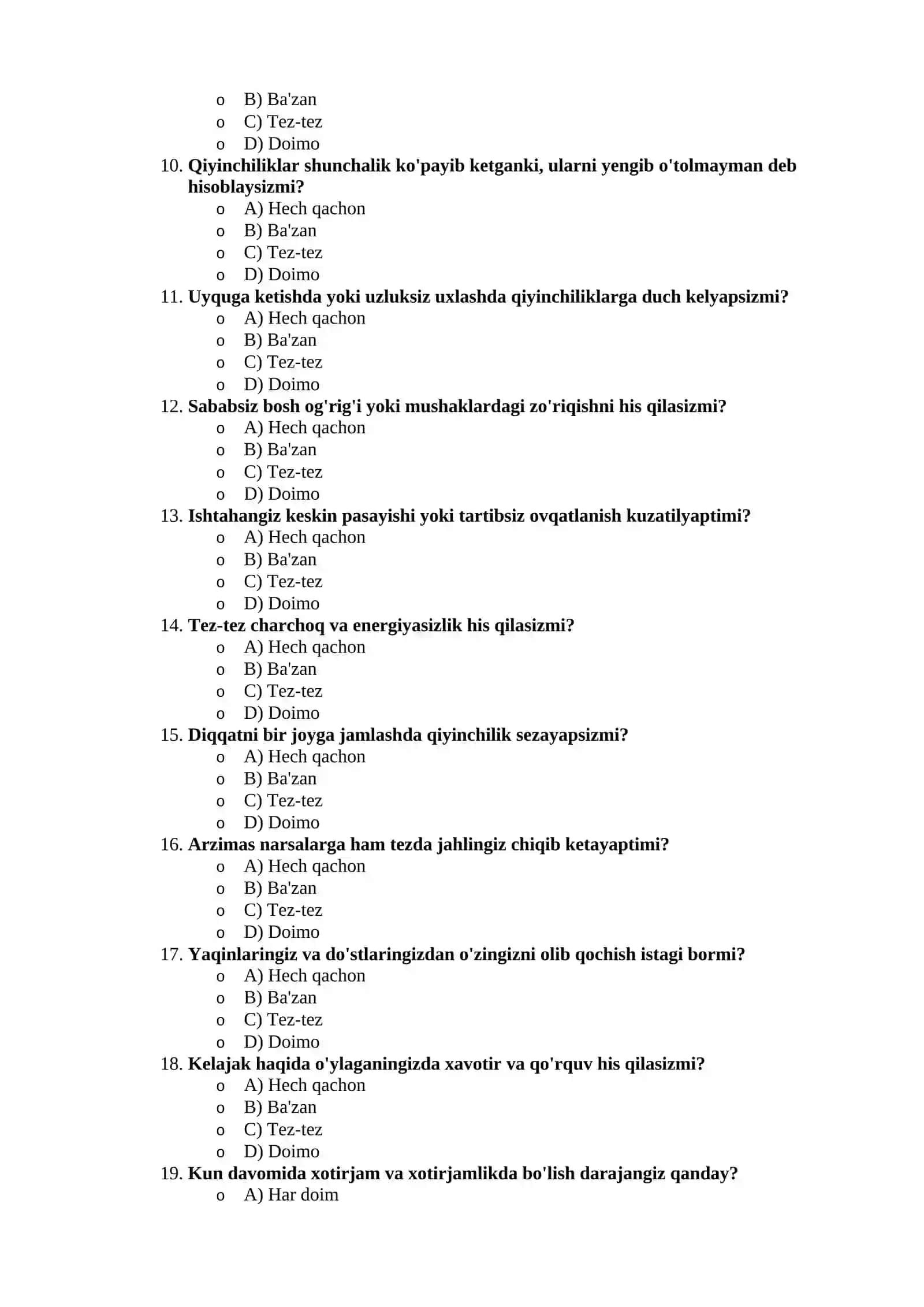 Stressni baholash testi 40 ta savol oxirida kaliti bilan 2