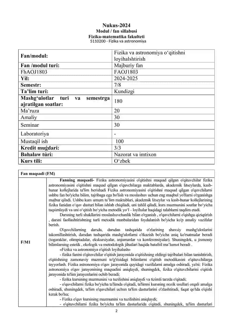 Fizika Astronomiya O'qitishni Loyihalashtirish 2