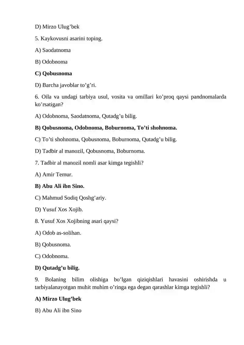 OILA PEDAGOGIKASI FANIDAN TEST SAVOLLARI 2