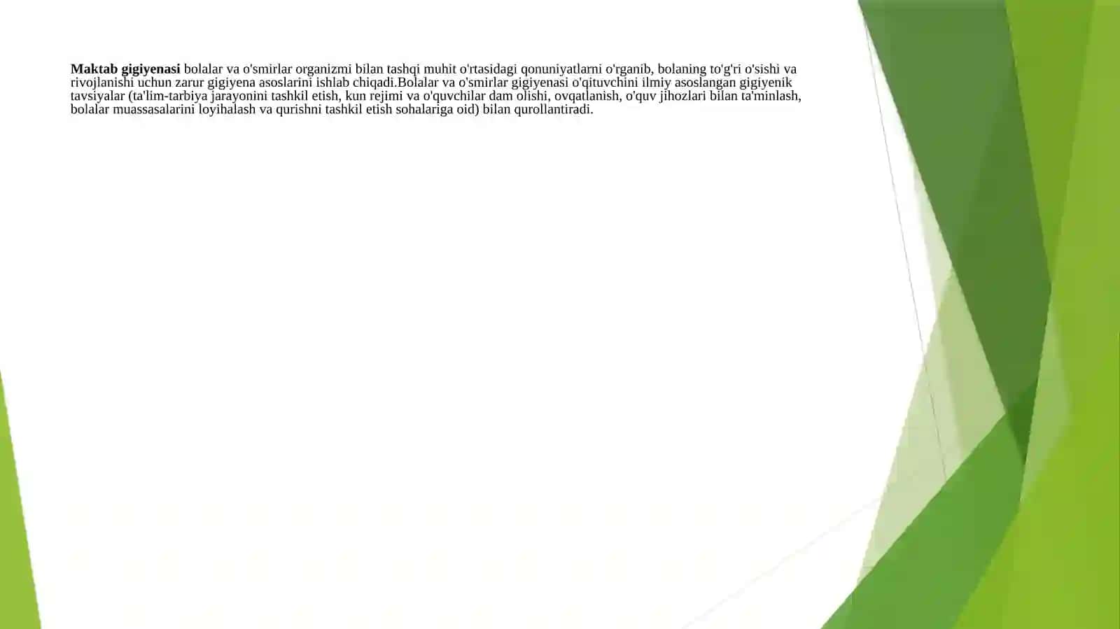 Maktabda o`qitish va tarbiyalash sharoitlarini gigiyenik optimallashtirish asoslari. 2