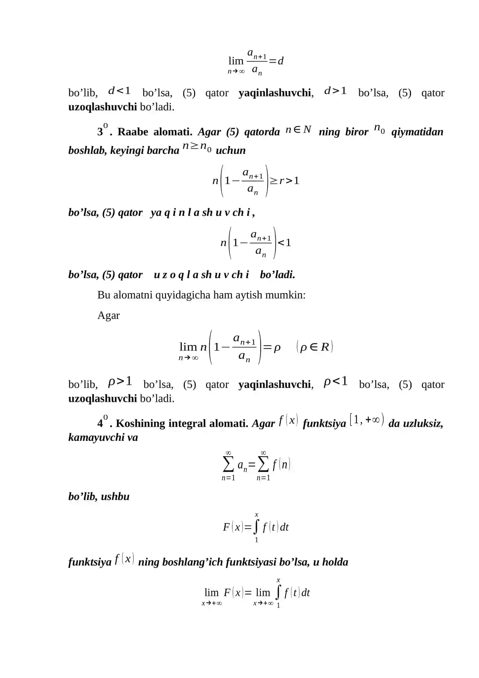 Musbat hadli qatorlarning yaqinlashish alomatlariga doir misollar yechish(Koshining integral alomati, Dalamber, Koshi, Raabe, Gauss alomatlari) 2
