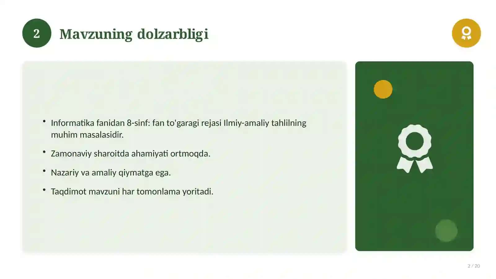 Informatika fanidan 8-sinf: fan to'garagi rejasi 2