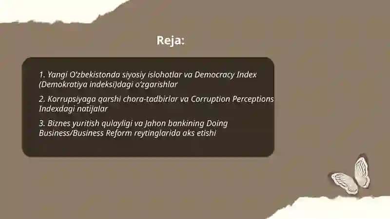 Yangi Oʻzbekiston ijtimoiy siyosiy iqtisodiy va madaniy hayotida roʼy berayotgan oʼzgarishlarni xalqaro reyting va endekslarda aks etishi 2