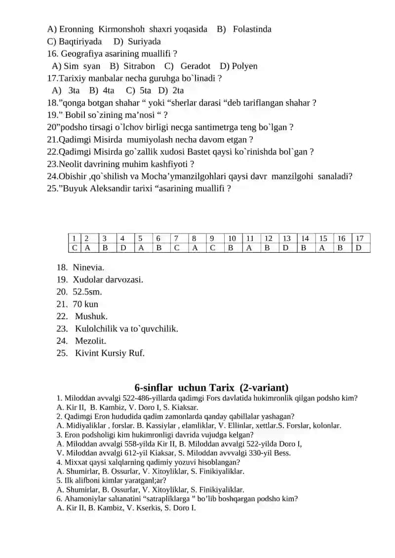 6-sinflar uchun Tarix (1-variant) 2