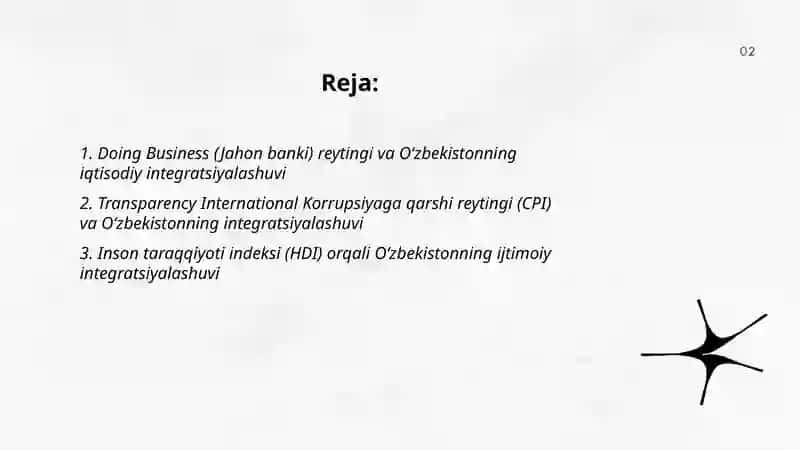 Iqtisodiy va ijtimoiy sohada ustovor xalqaro reytinglar va ularga Oʻzbekistoning integratsiyalashuvi 2