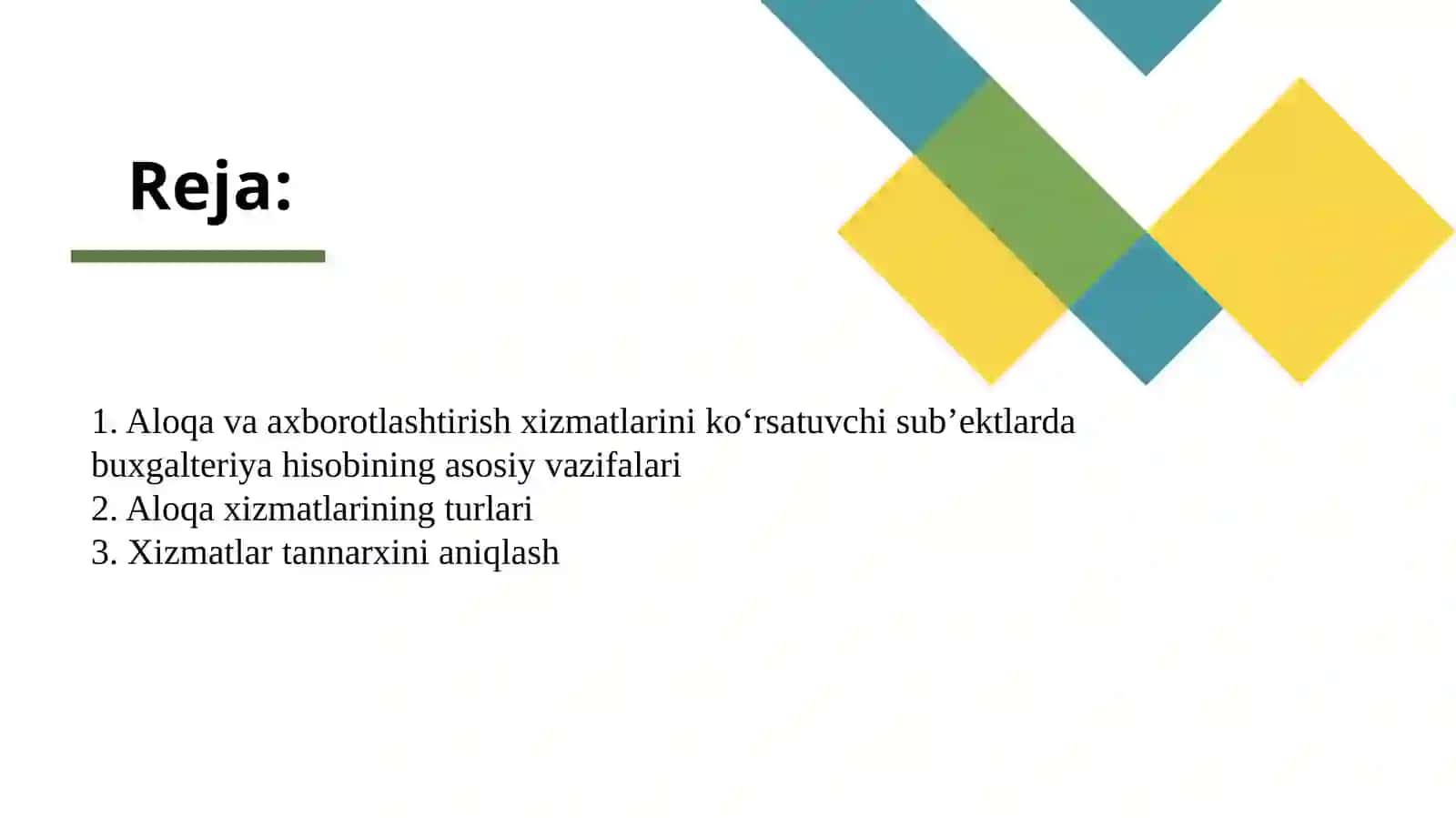 Aloqa va axborotlashtirish xizmatlarini ko‘rsatuvchi sub’ektlarda buxgalteriya hisobi. 2