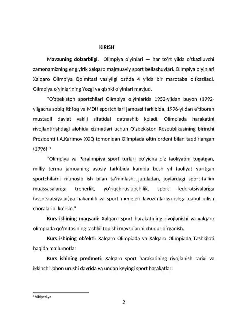 XALQARO SPORT HARAKATINING RIVOJLANISHI VA XALQARO OLIMPIADA QO`MITASINING TASHKIL TOPISHI 2