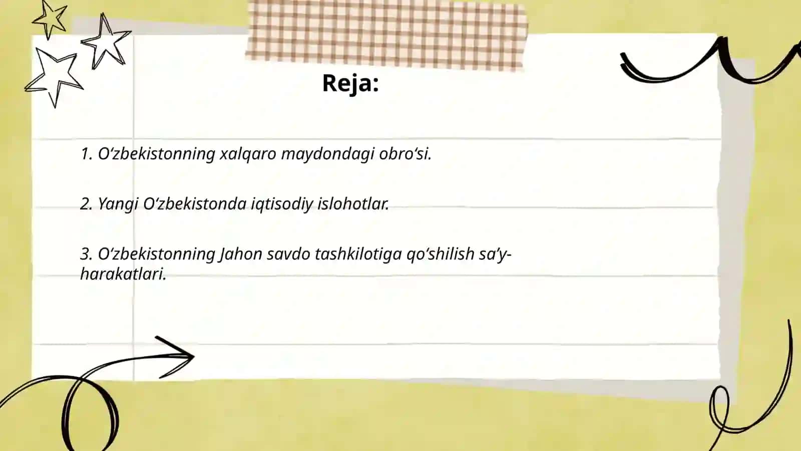 Oʻzbekiston va Jahon hamjamiyati.Yangi Oʻzbekistonda amalga oshirilayotgan islohatlar 2