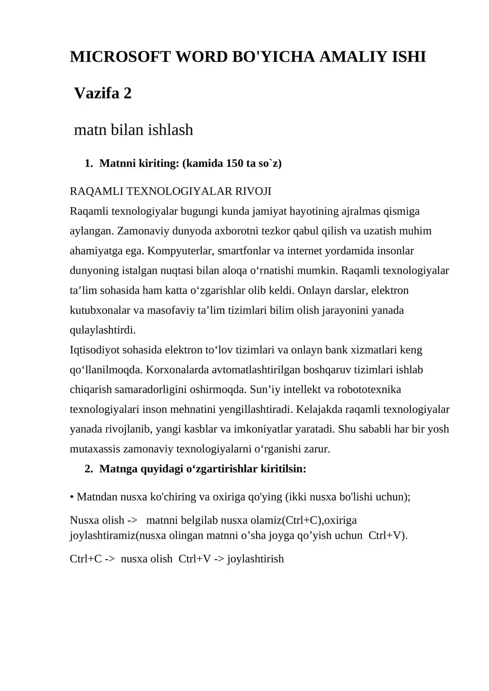 MS EXCEL BO'YICHA AMALIY ISHI 2