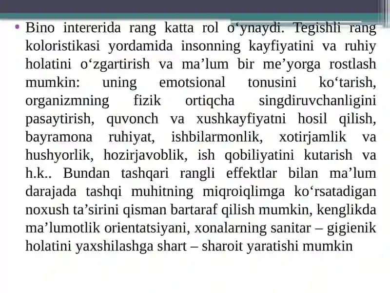 Mehmonxona intereri va lanshaftini yaratishda ergonomik   talablar. 2