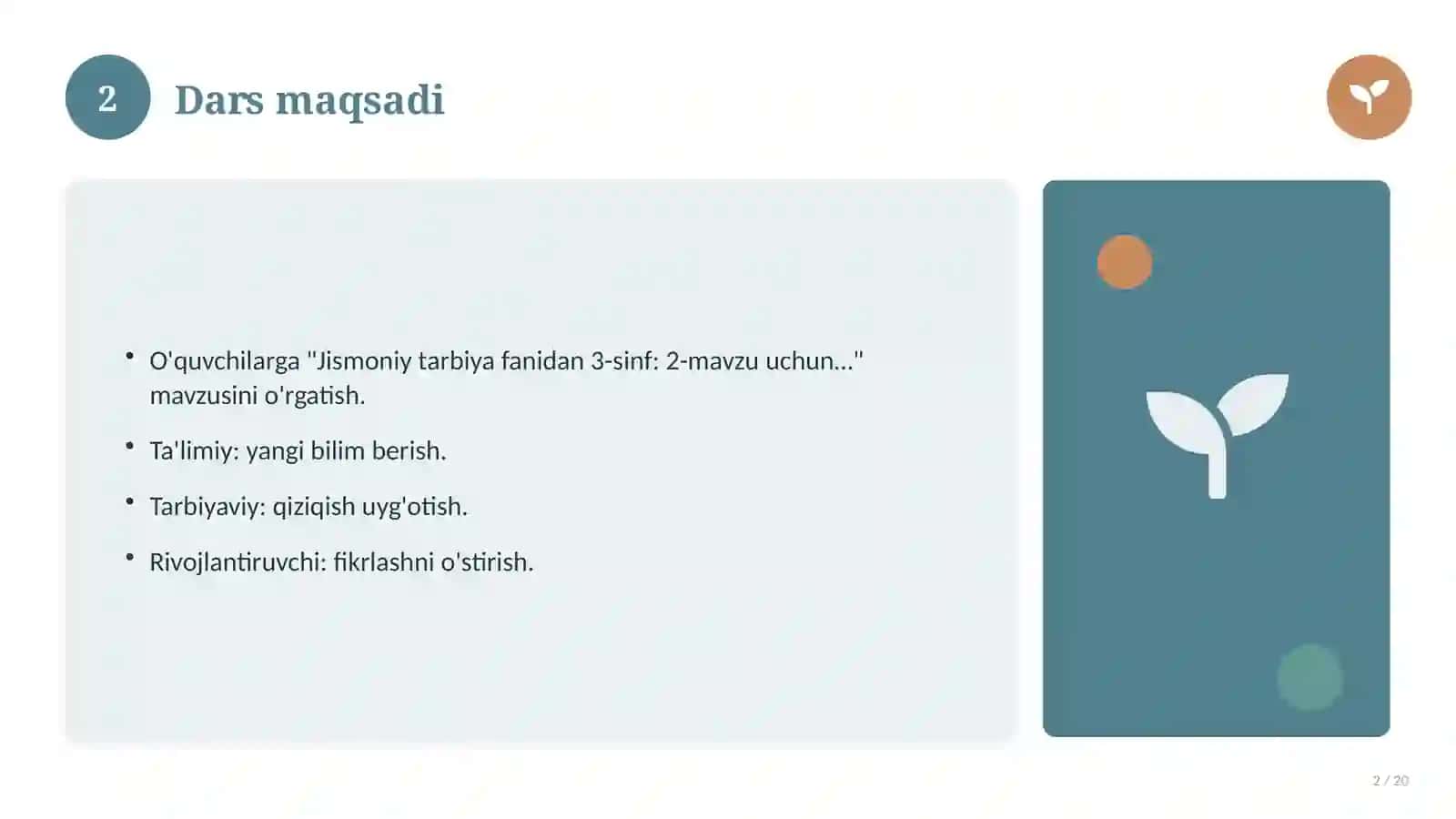 Jismoniy tarbiya fanidan 3-sinf: 2-mavzu uchun batafsil dars ishlanmasi 2