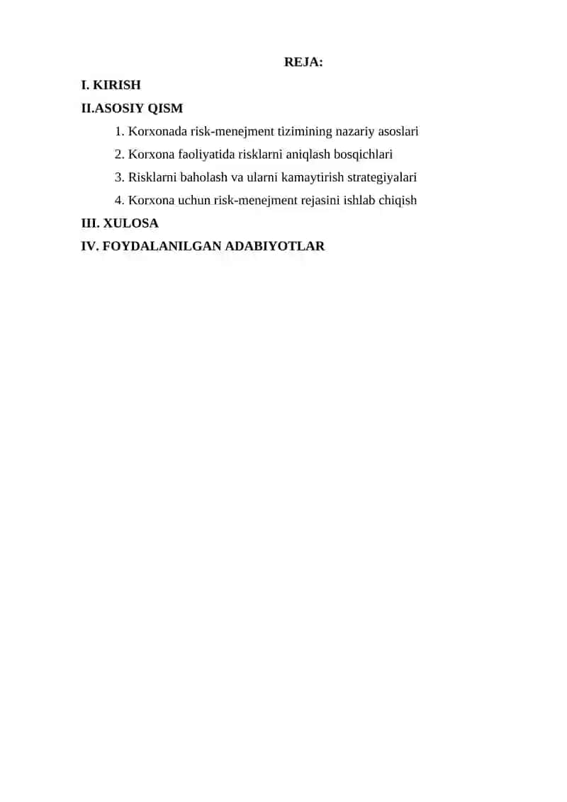 KORXONA UCHUN RISK MENEJMENT REJASI TUZISH MUOMMONI ANIQLASH VA YECHIMLARINI LOYIHA SHAKLIDA ISHLAB BCHIQISH 2