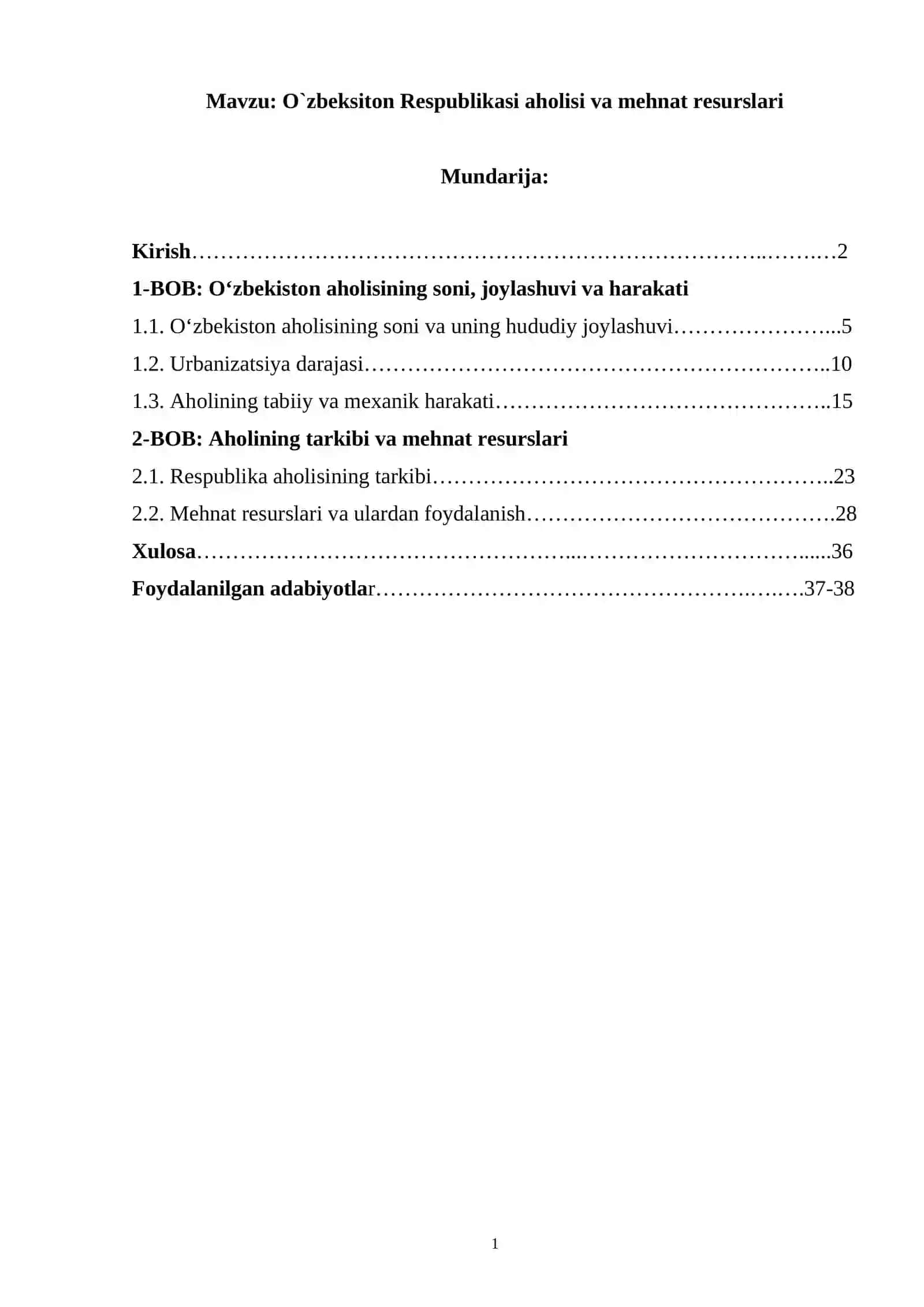 O`zbeksiton Respublikasi aholisi va mehnat resurslari 2