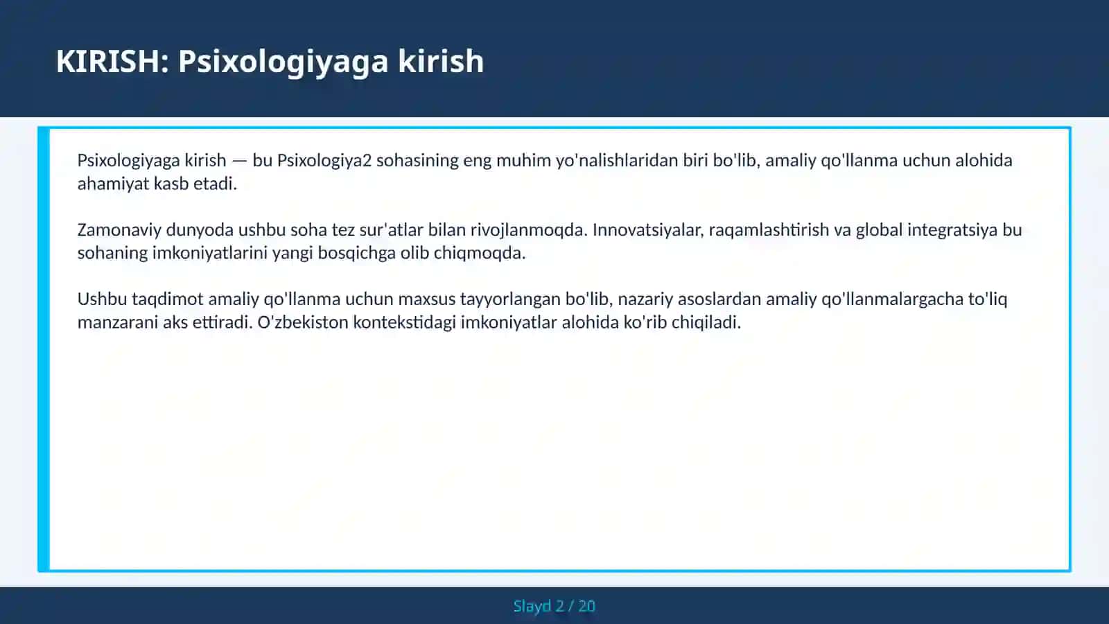 Psixologiyaga kirish - Psixologiyaga kirish — bu Psixologiya2 sohasining eng muhim yo'nalishlaridan biri bo'lib, amaliy qo'llanma uchun alohida ahamiyat kasb etadi 2