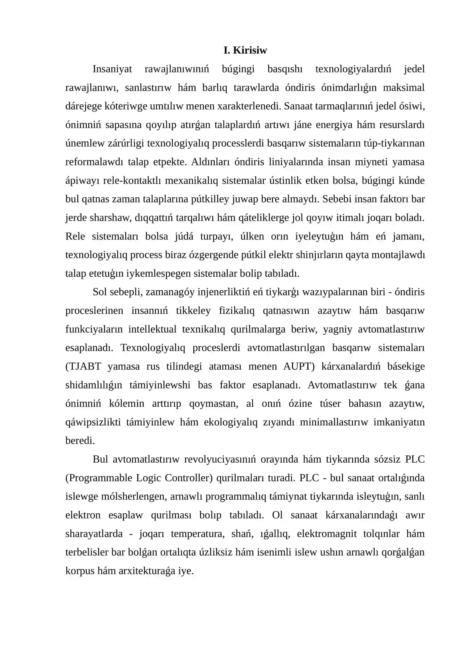 PLC kontrollerları tiykarında texnologiyalıq processlerdi basqarıw sistemaların joybarlaw 2