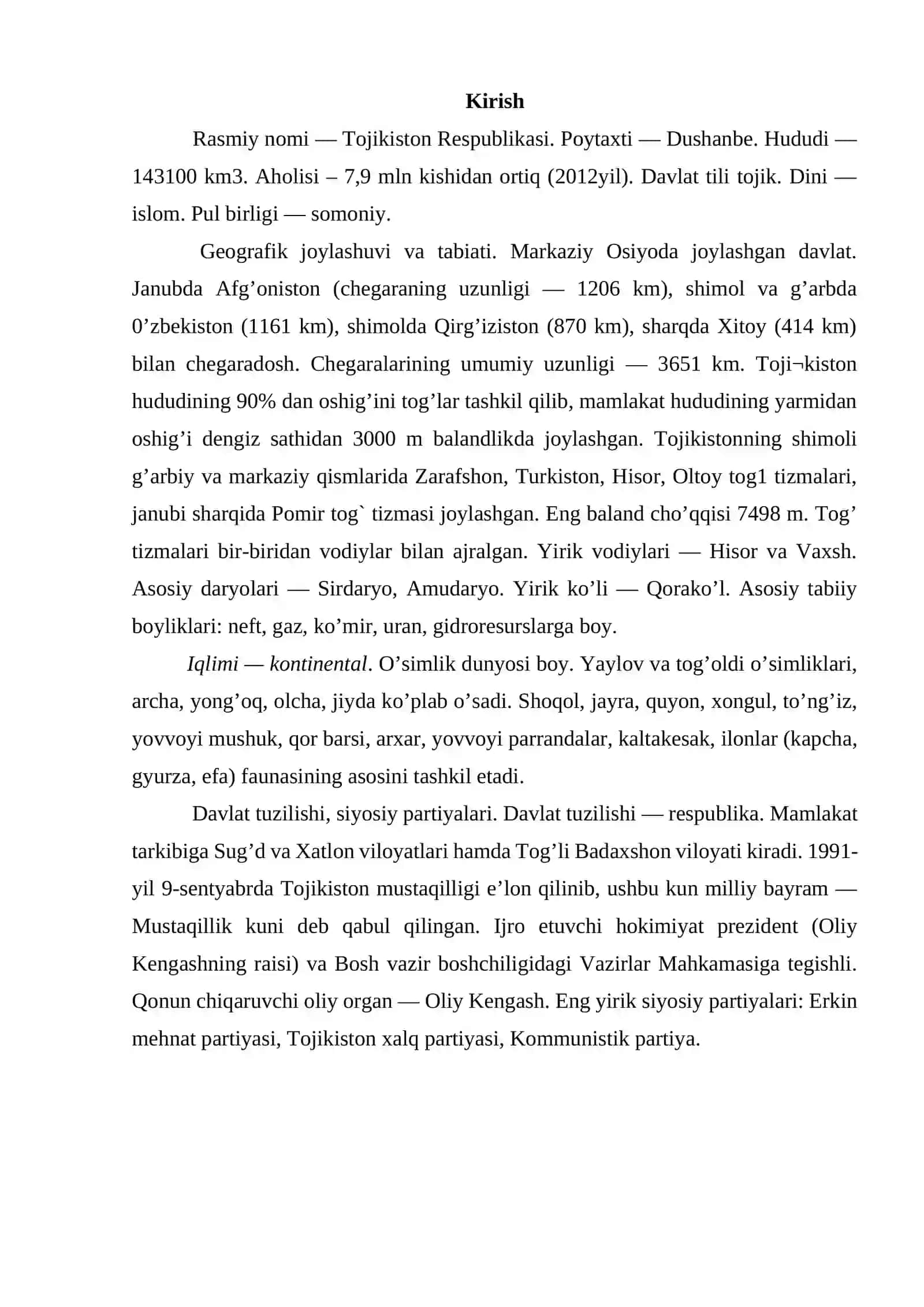 TOJIKISTON RESPUBLIKASINING GEOGRAFIK O`RNI, TABIIY SHAROITI VA TABIIY RESURSLARI 2