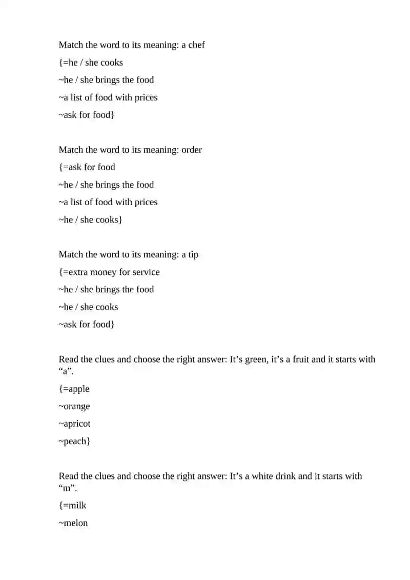 Match the word to its meaning: a menu 2