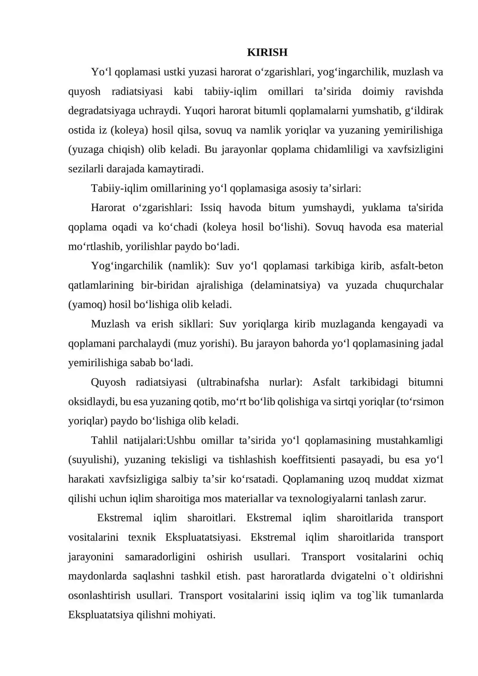 TABIIY-IQLIM OMILLARINING YO‘L QOPLAMASI USTKI YUZASI HOLATIGA TA’SIRINI TAHLIL QILISH 2