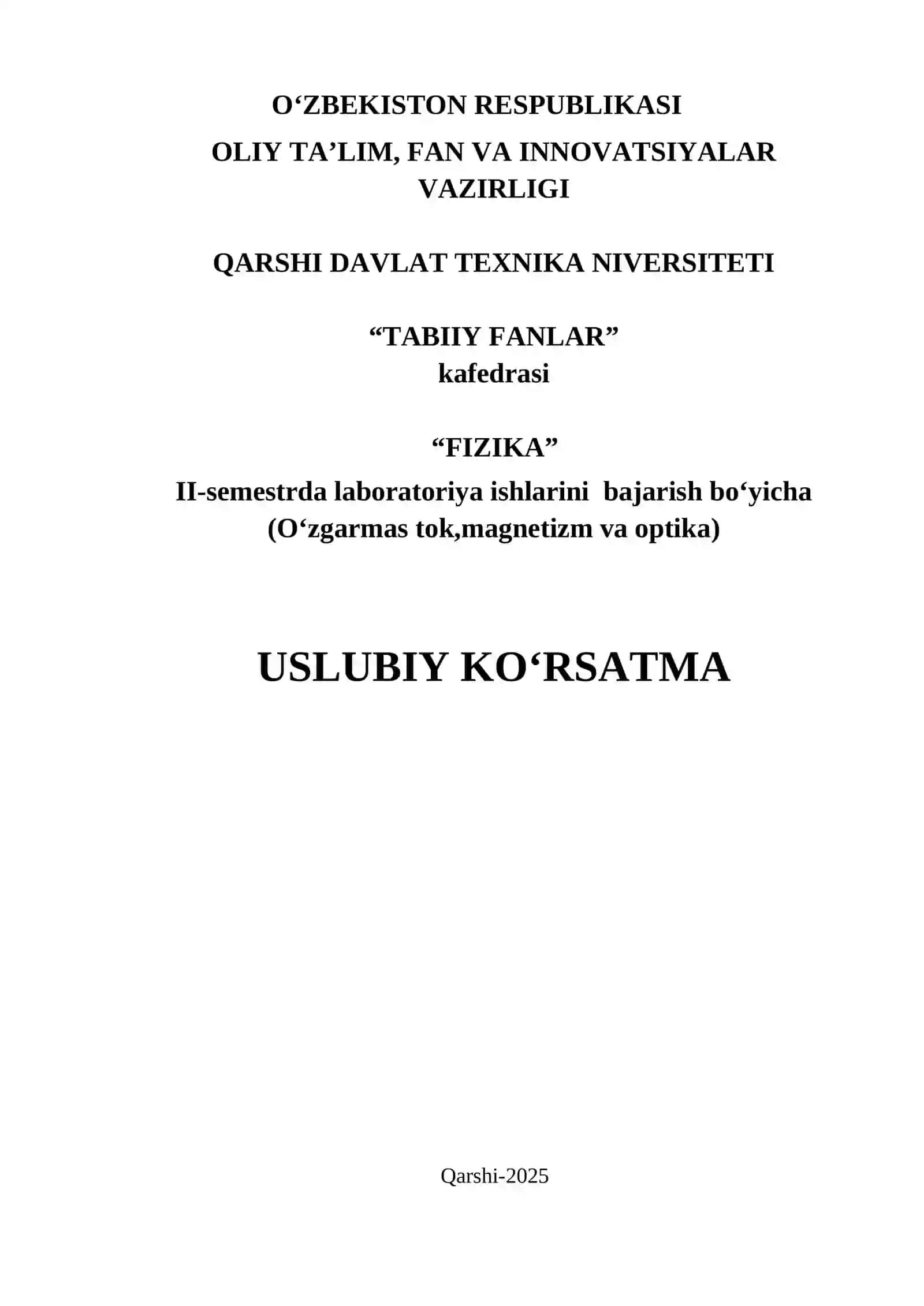 Uslubiy koʻrsatma fan dasturi va sillabusga muvofiq ishlab chiqildi 2