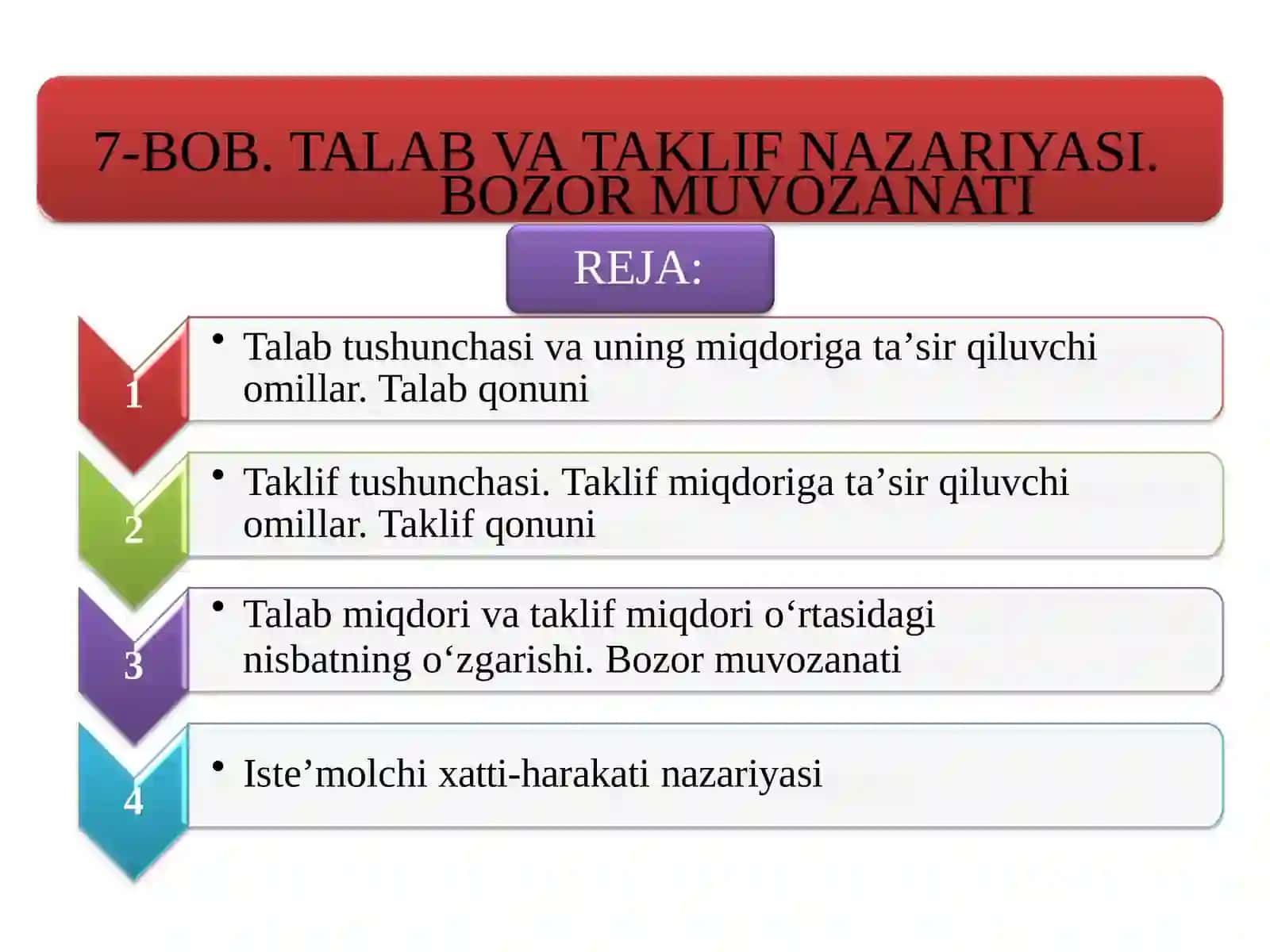 Talab va taklifning nazariy asoslari. Bozor muvozanati 2